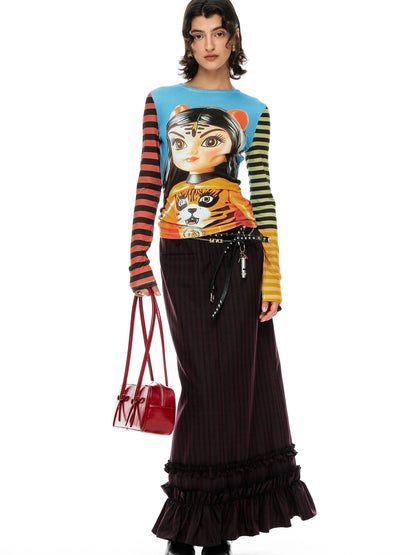 YOSHUYUKI Red Black Striped Straight Lace Maxi Skirt