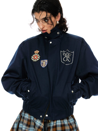 YOSHUYUKI Removable Organic Cotton Retro Straight Faux Layered Unisex Navy Puffer Jacket-1