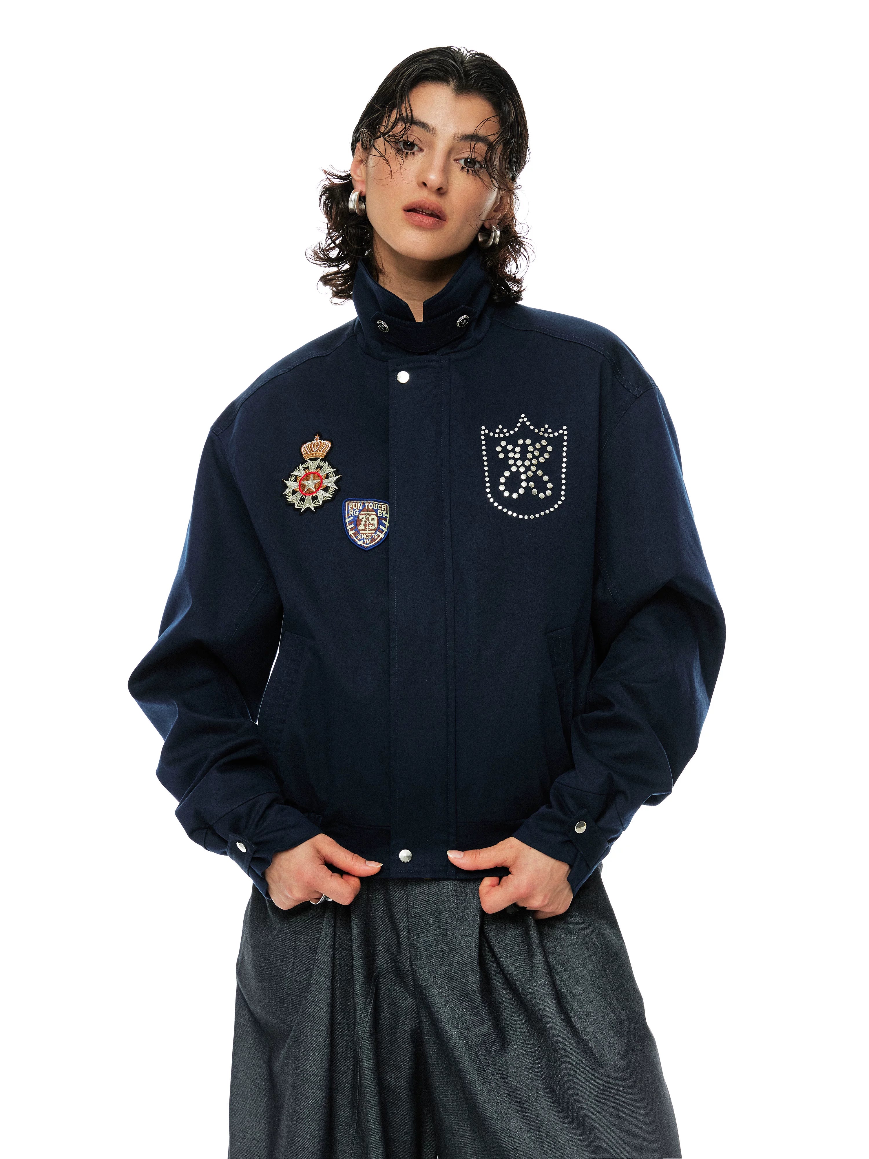 YOSHUYUKI Removable Organic Cotton Retro Straight Faux Layered Unisex Navy Puffer Jacket-3