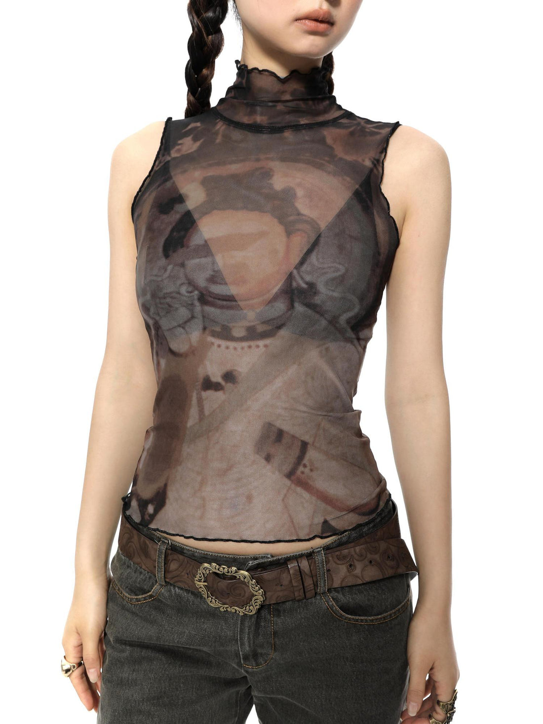 YOSHUYUKI Retro Buddha Print Mesh High Neck Sleeveless Top