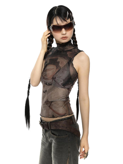 YOSHUYUKI Retro Buddha Print Mesh High Neck Sleeveless Top