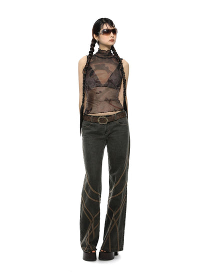 YOSHUYUKI Retro Buddha Print Mesh High Neck Sleeveless Top