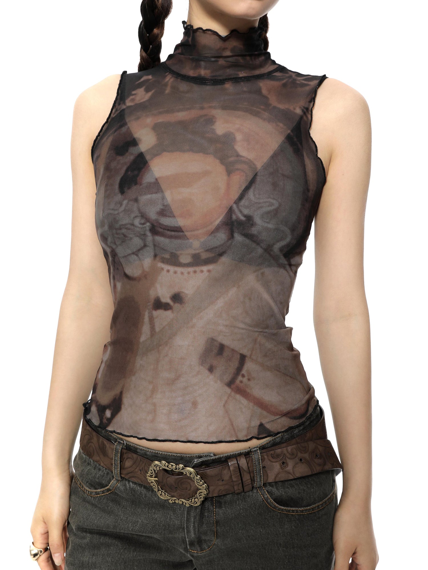 YOSHUYUKI Retro Buddha Print Mesh High Neck Sleeveless Top