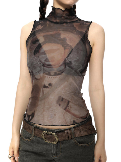 YOSHUYUKI Retro Buddha Print Mesh High Neck Sleeveless Top