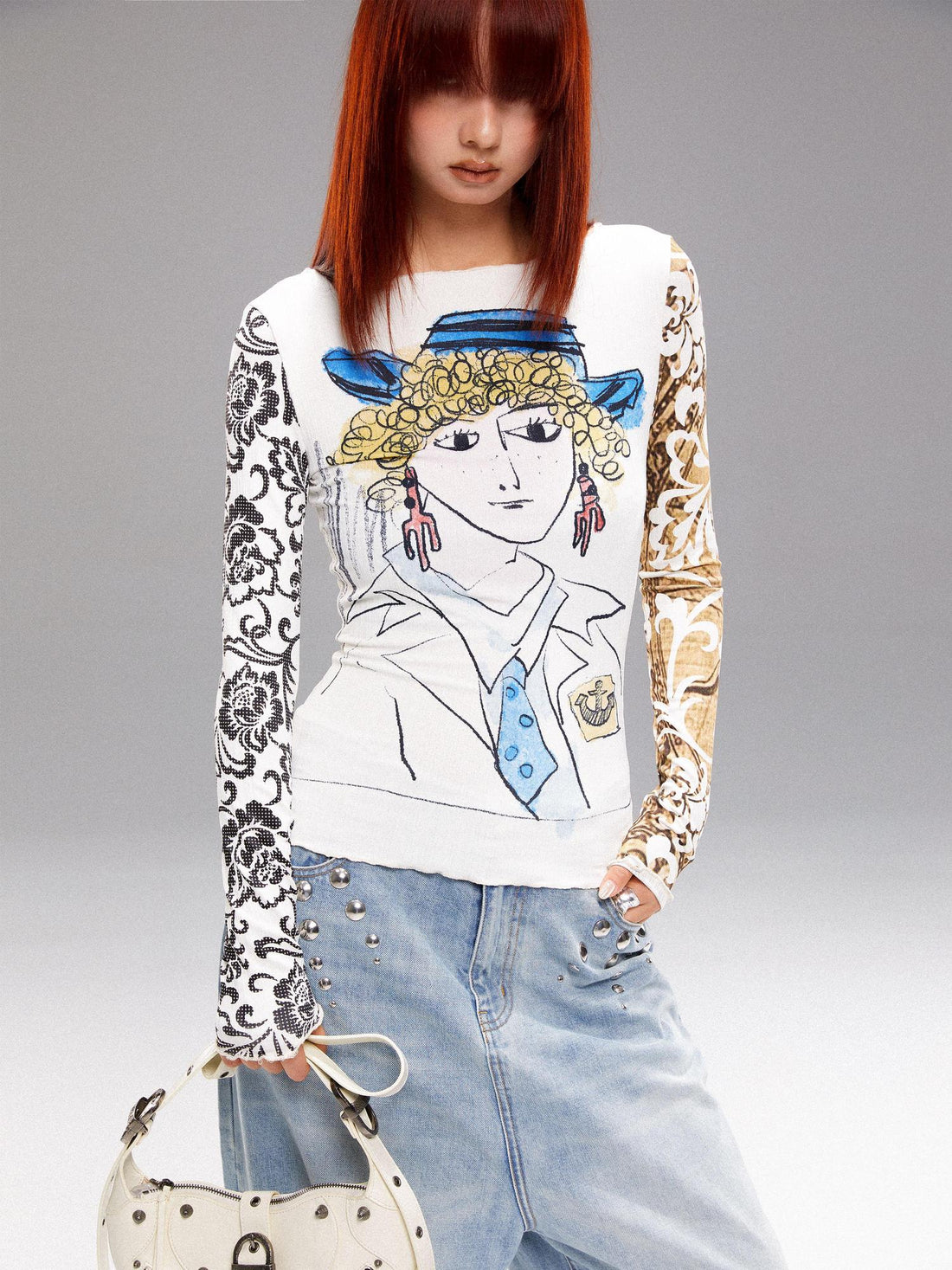YOSHUYUKI Retro Navy Print Knit Top With Floral Sleeves V Neck T Shirt Long Sleeve
