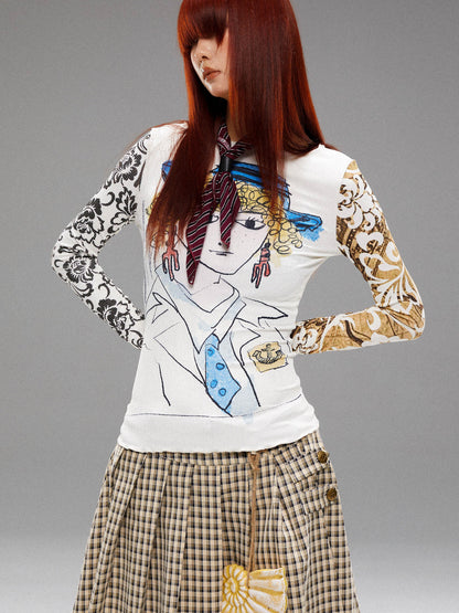 YOSHUYUKI Retro Navy Print Knit Top With Floral Sleeves V Neck T Shirt Long Sleeve