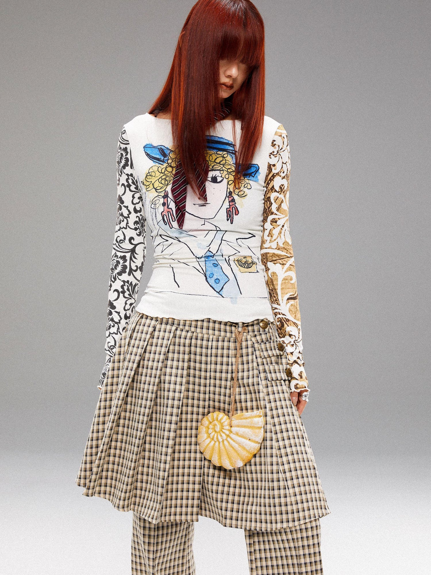YOSHUYUKI Retro Navy Print Knit Top With Floral Sleeves V Neck T Shirt Long Sleeve