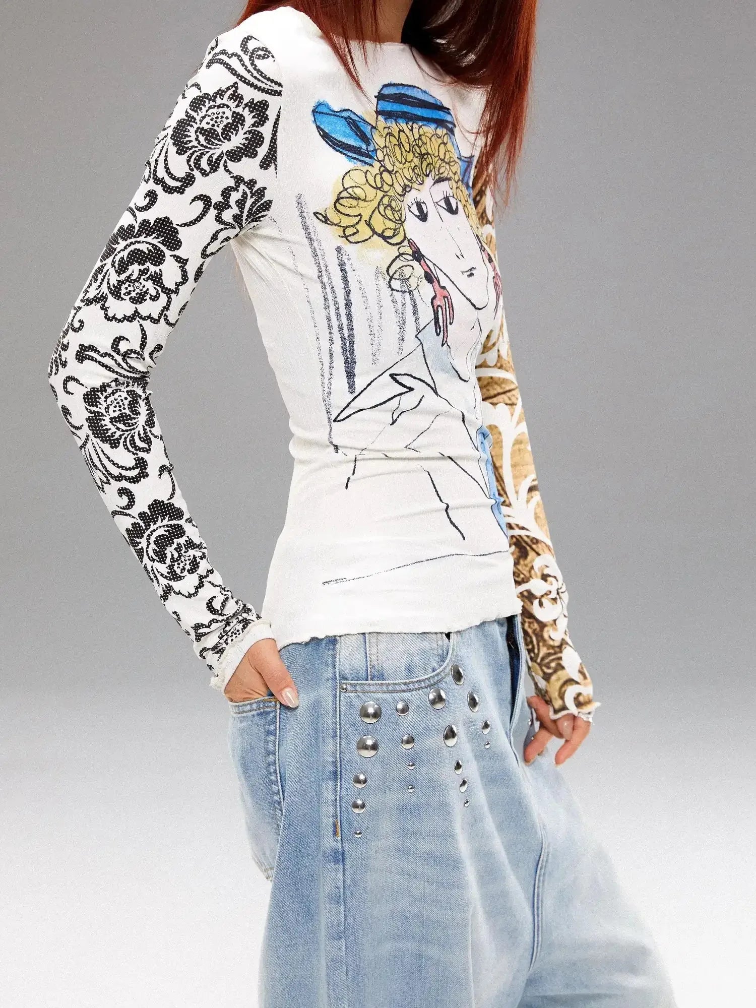 Retro Navy Print Knit Top With Floral Sleeves V Neck T Shirt Long Sleeve