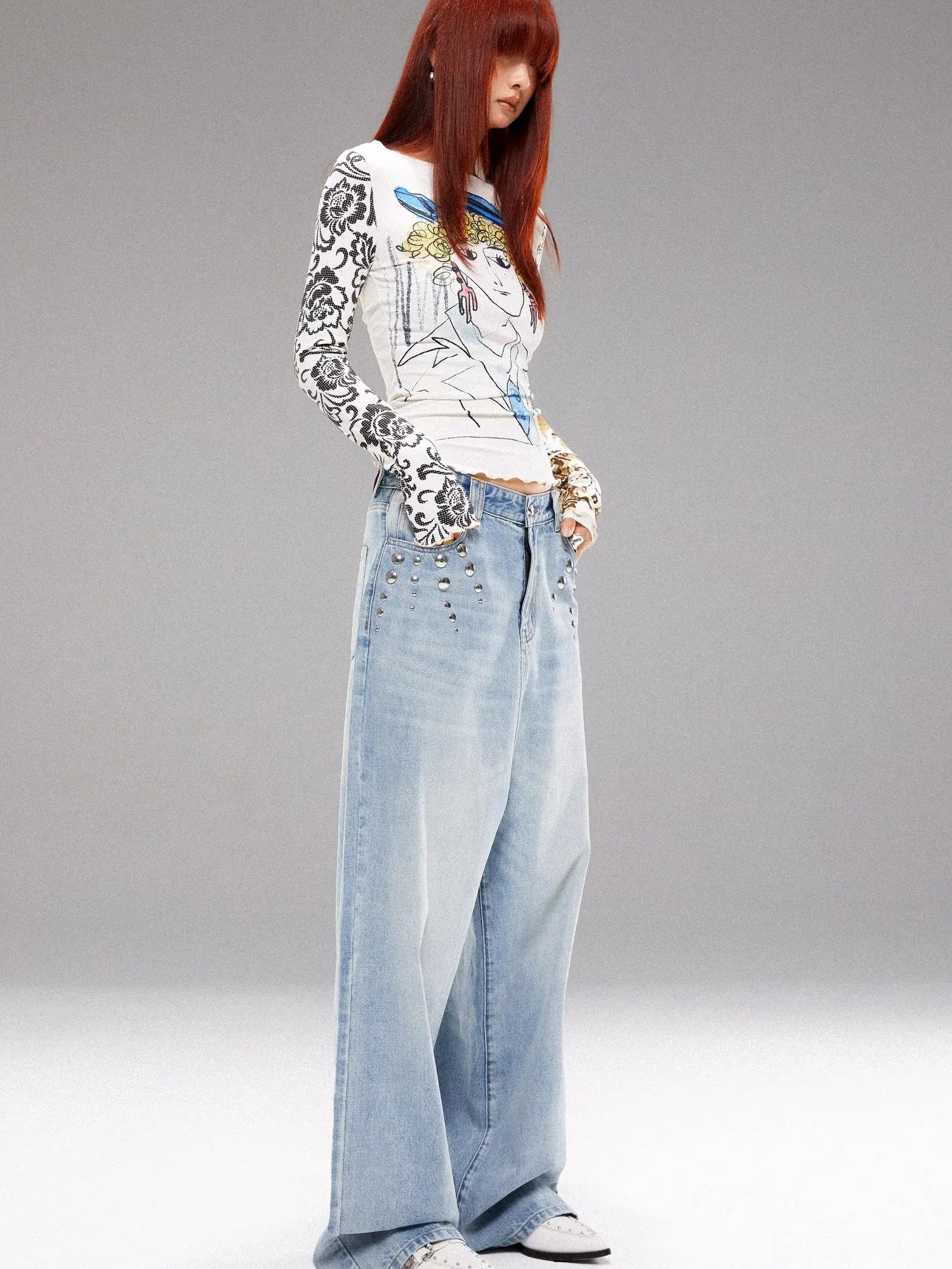 Retro Navy Print Knit Top With Floral Sleeves V Neck T Shirt Long Sleeve