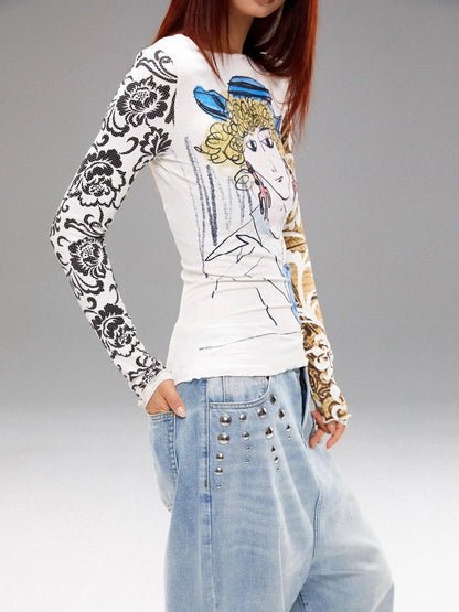 Retro Navy Print Knit Top With Floral Sleeves V Neck T Shirt Long Sleeve