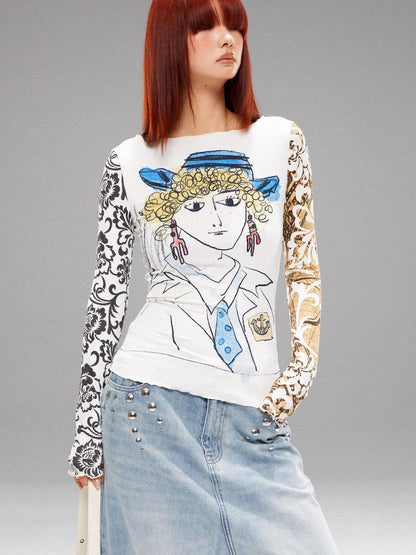 YOSHUYUKI Retro Navy Print Knit Top With Floral Sleeves V Neck T Shirt Long Sleeve