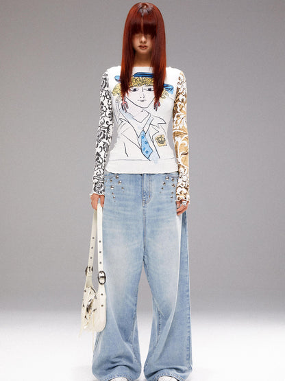 YOSHUYUKI Retro Navy Print Knit Top With Floral Sleeves V Neck T Shirt Long Sleeve