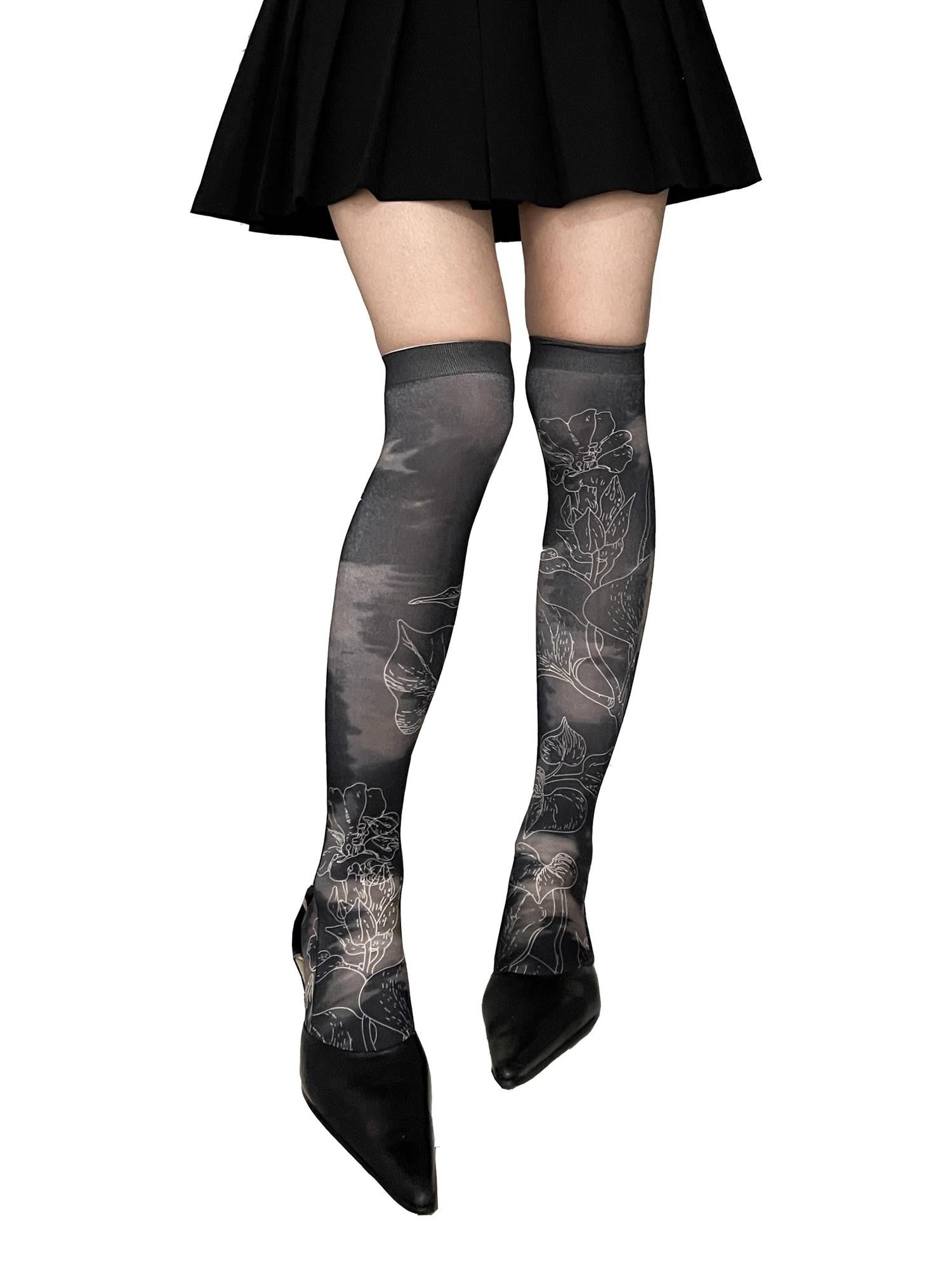 YOSHUYUKI Retro Printed Sheer 60d Stretch Mid Calf Women&