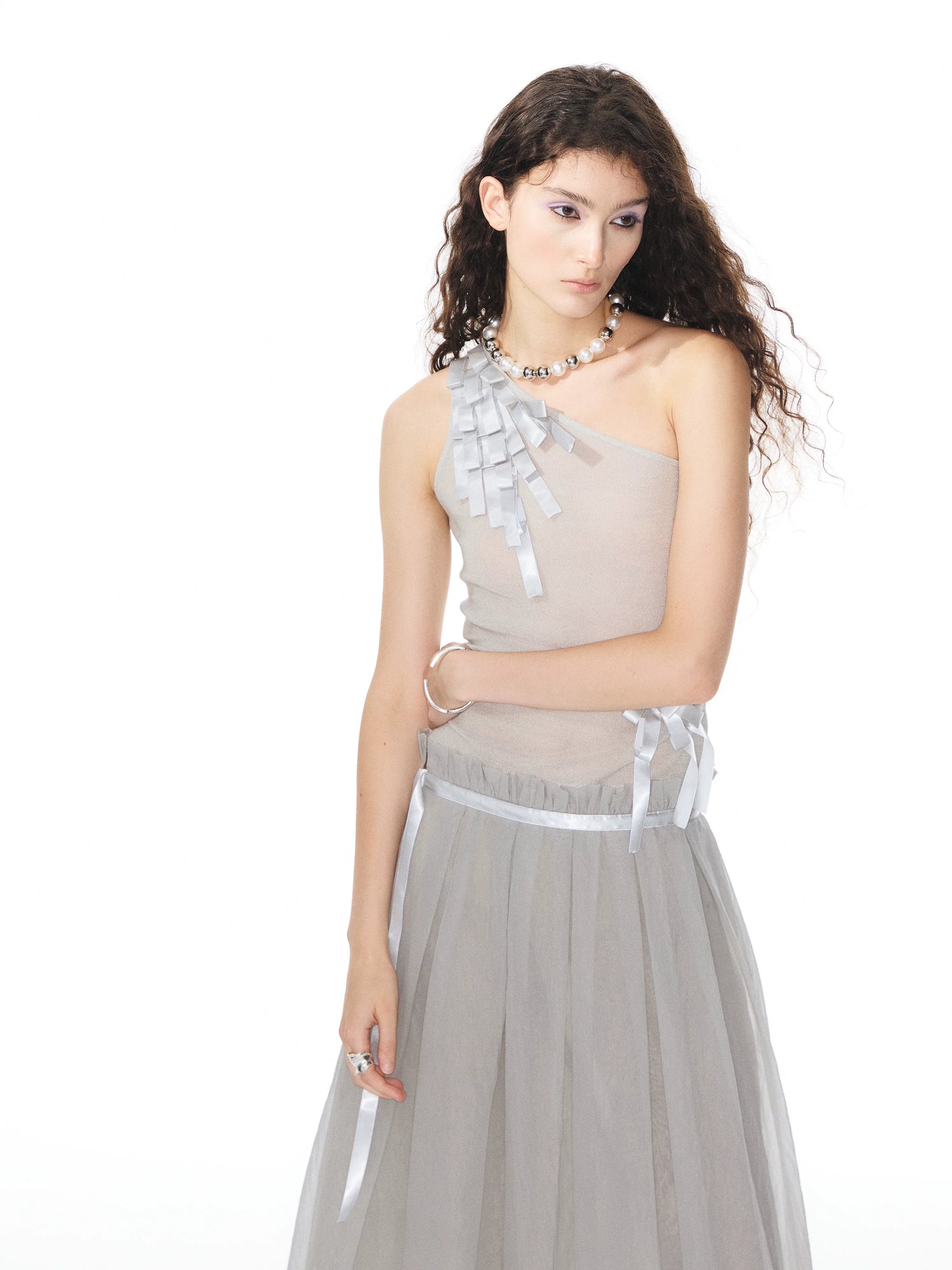 YOSHUYUKI Ribbon Flower Knit One Shoulder Women&