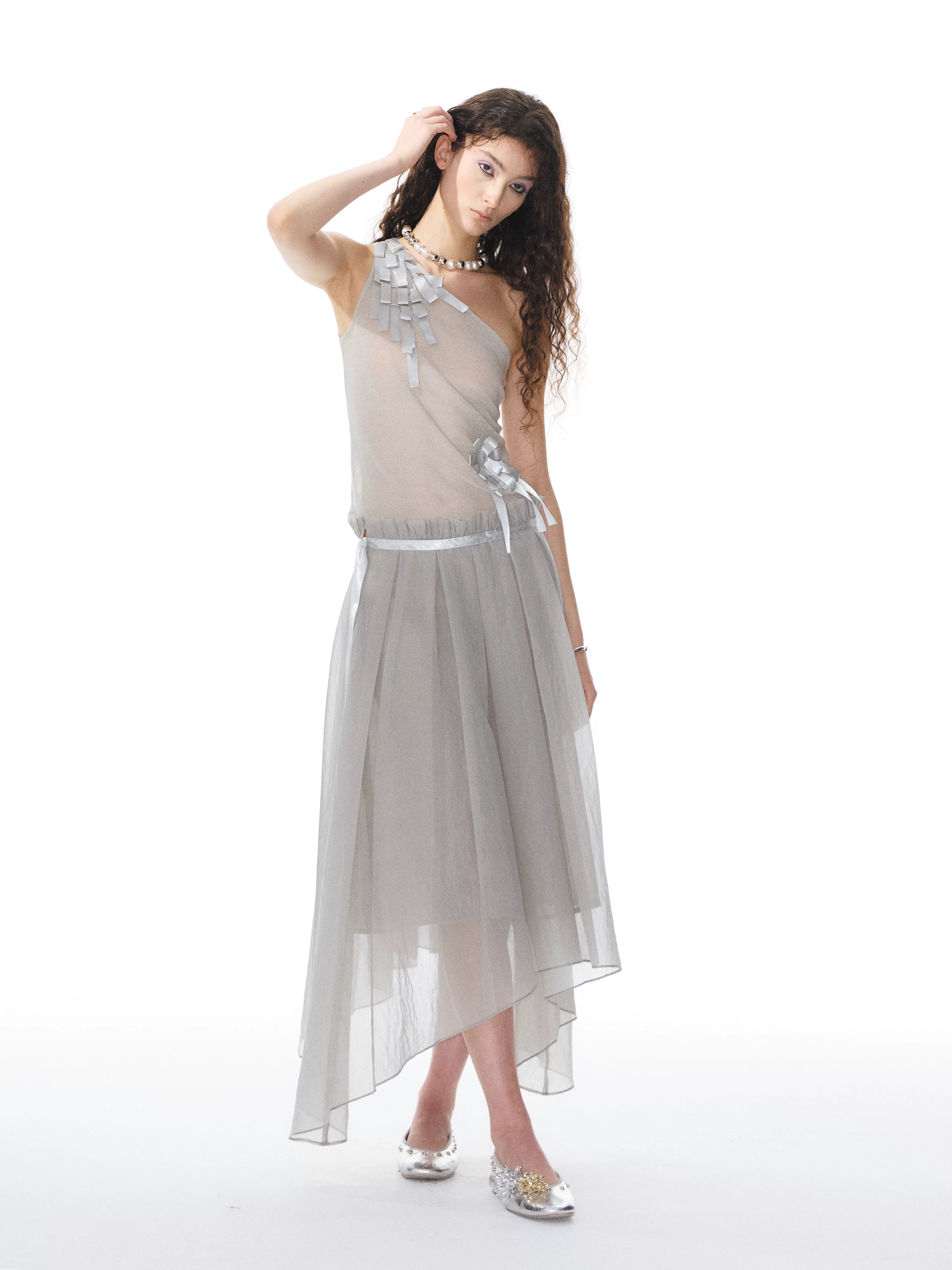 YOSHUYUKI Ribbon Flower Knit One Shoulder Women&