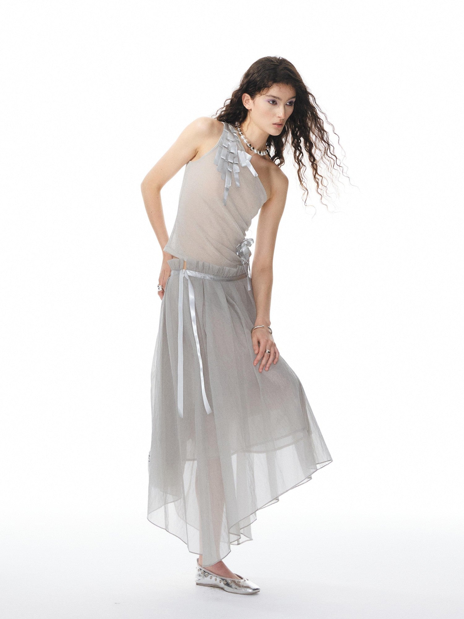YOSHUYUKI Ribbon Flower Knit One Shoulder Women&