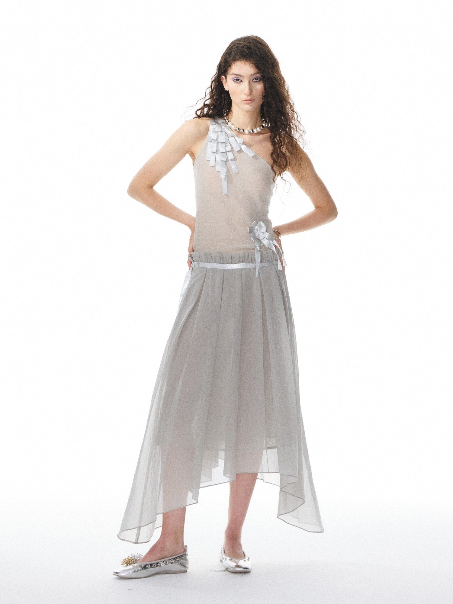 YOSHUYUKI Ribbon Flower Knit One Shoulder Women&
