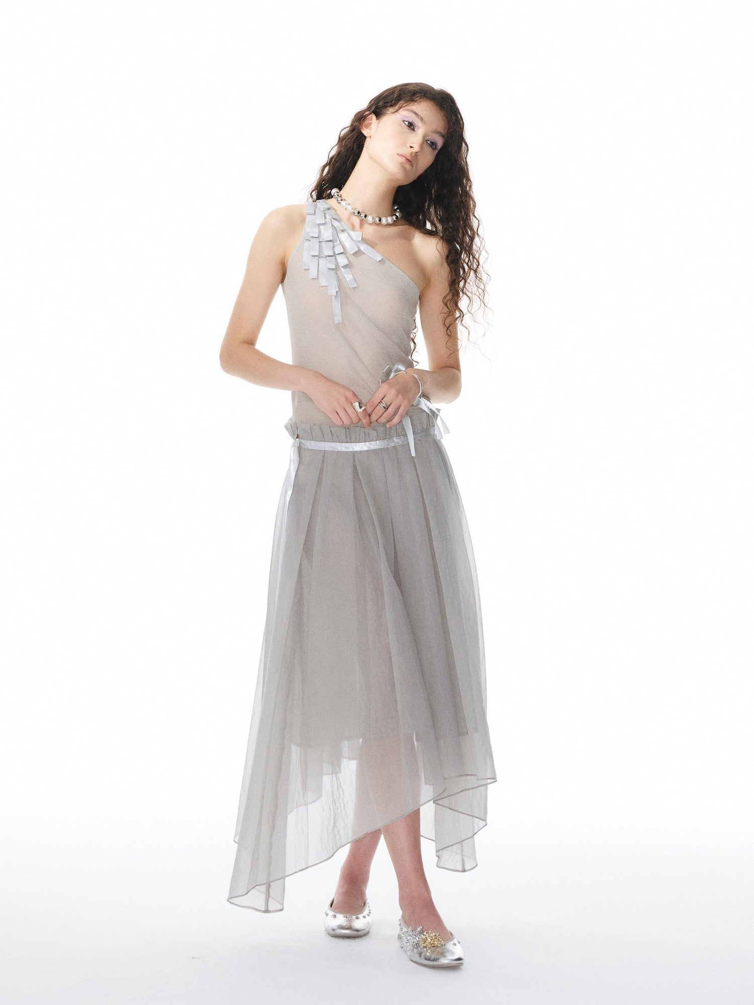 YOSHUYUKI Ribbon Flower Knit One Shoulder Women&