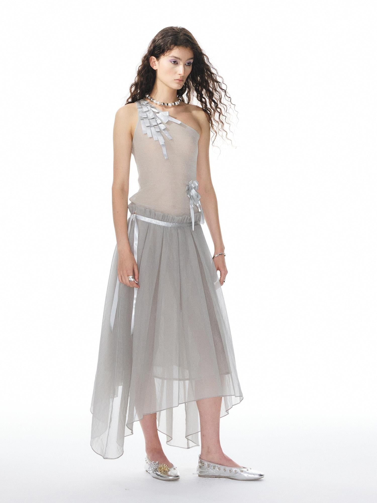 YOSHUYUKI Ribbon Flower Knit One Shoulder Women&