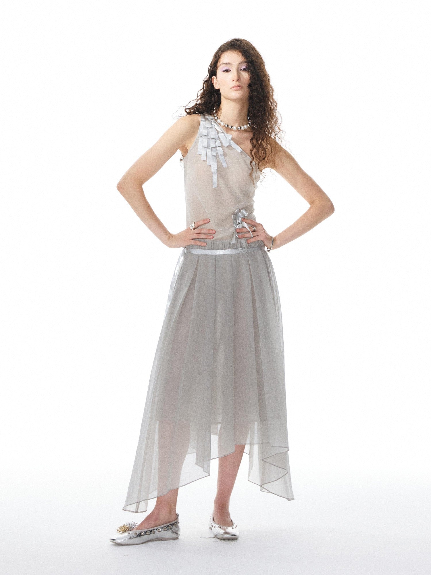 YOSHUYUKI Ribbon Flower Knit One Shoulder Women&