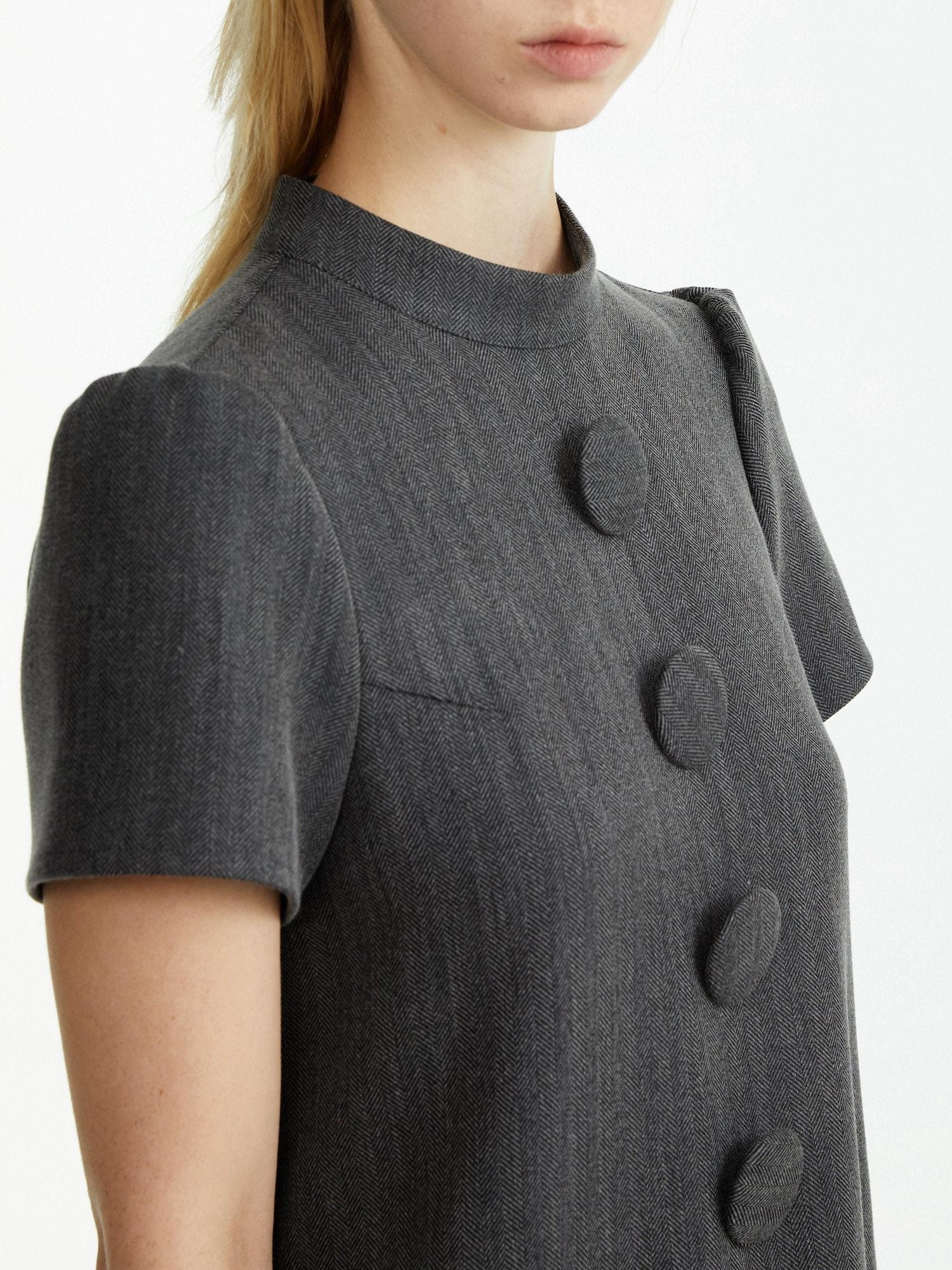 YOSHUYUKI Ruffle Hem Casual A Line Short Sleeve Mock Neck Viscose Grey Plaid Mini Dresses