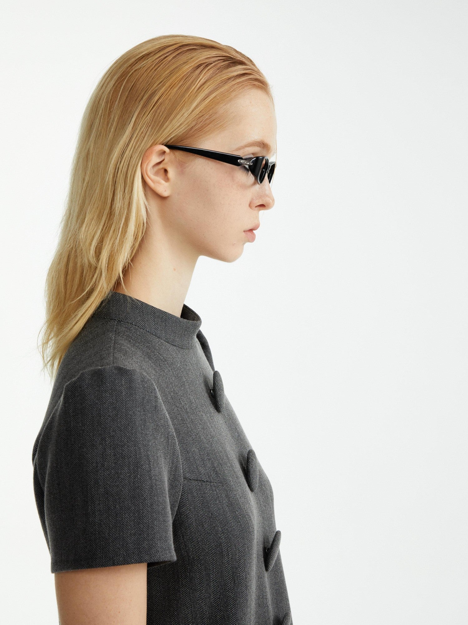 YOSHUYUKI Ruffle Hem Casual A Line Short Sleeve Mock Neck Viscose Grey Plaid Mini Dresses