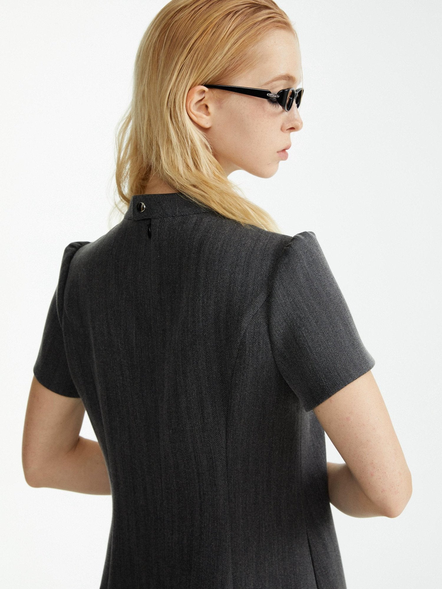 YOSHUYUKI Ruffle Hem Casual A Line Short Sleeve Mock Neck Viscose Grey Plaid Mini Dresses