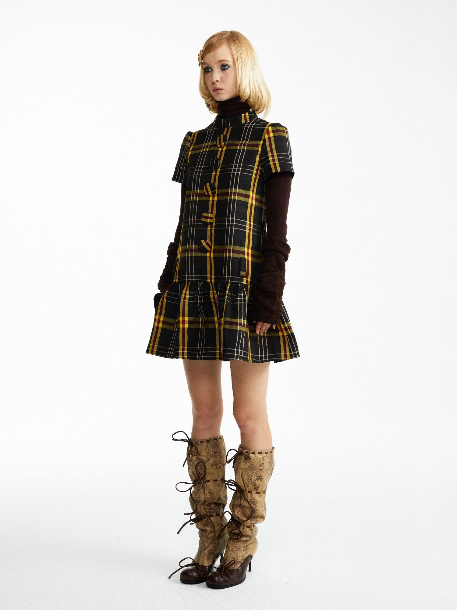 YOSHUYUKI Ruffle Hem Casual A Line Short Sleeve Mock Neck Viscose Grey Plaid Mini Dresses