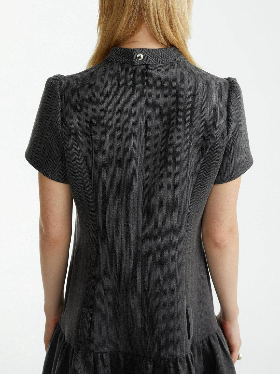 YOSHUYUKI Ruffle Hem Casual A Line Short Sleeve Mock Neck Viscose Grey Plaid Mini Dresses