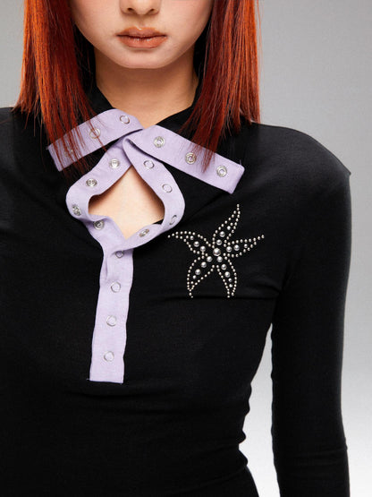 YOSHUYUKI Sea Star Studded Contrast Knit Top