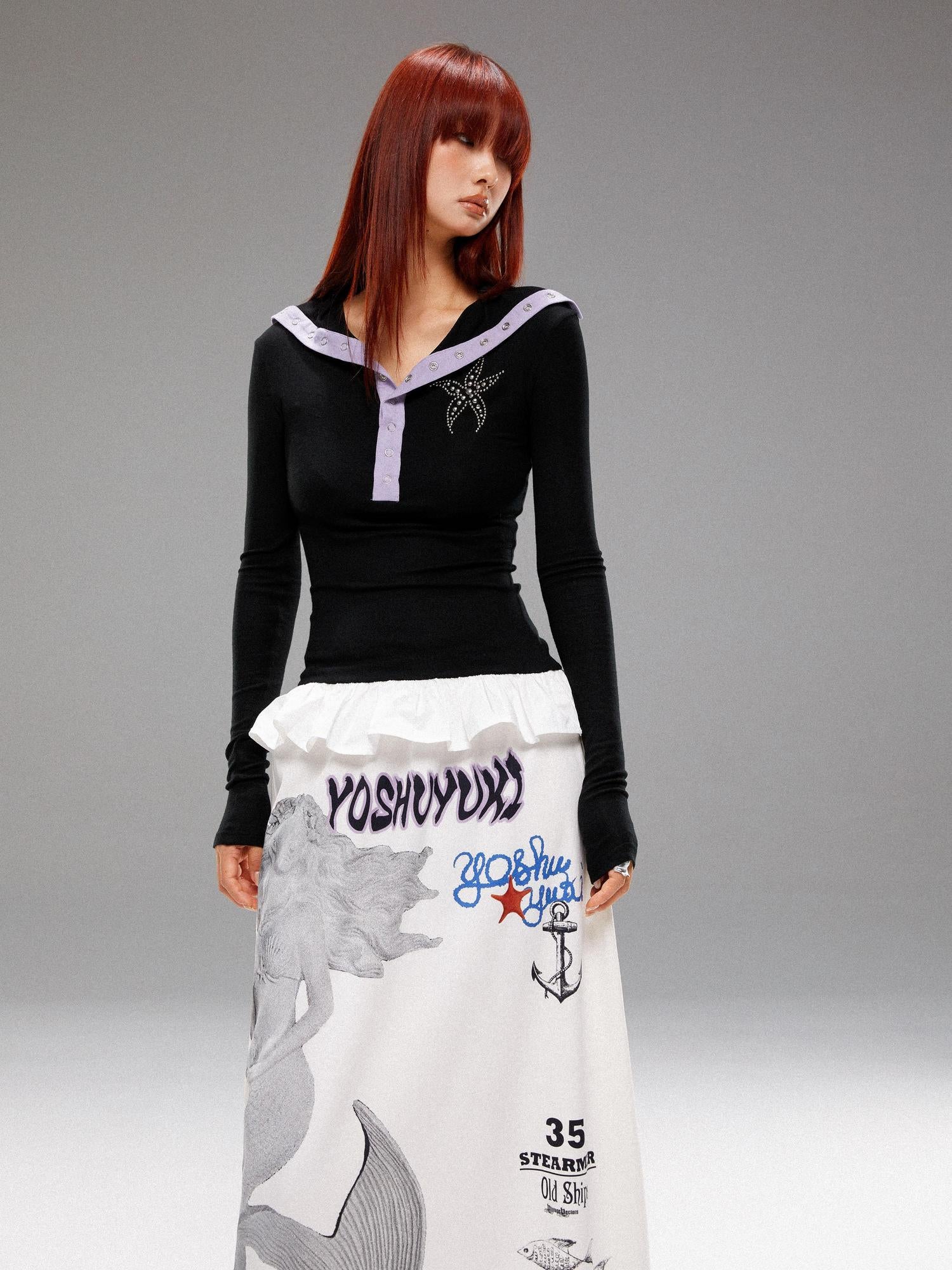 YOSHUYUKI Sea Star Studded Contrast Knit Top