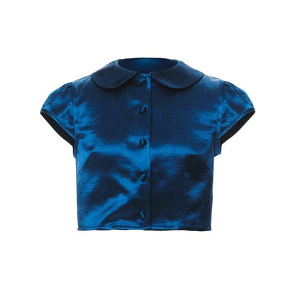 YOSHUYUKI_Shiny_Cobalt_Blue_Puff_Sleeve_Collared_Straight_Women&