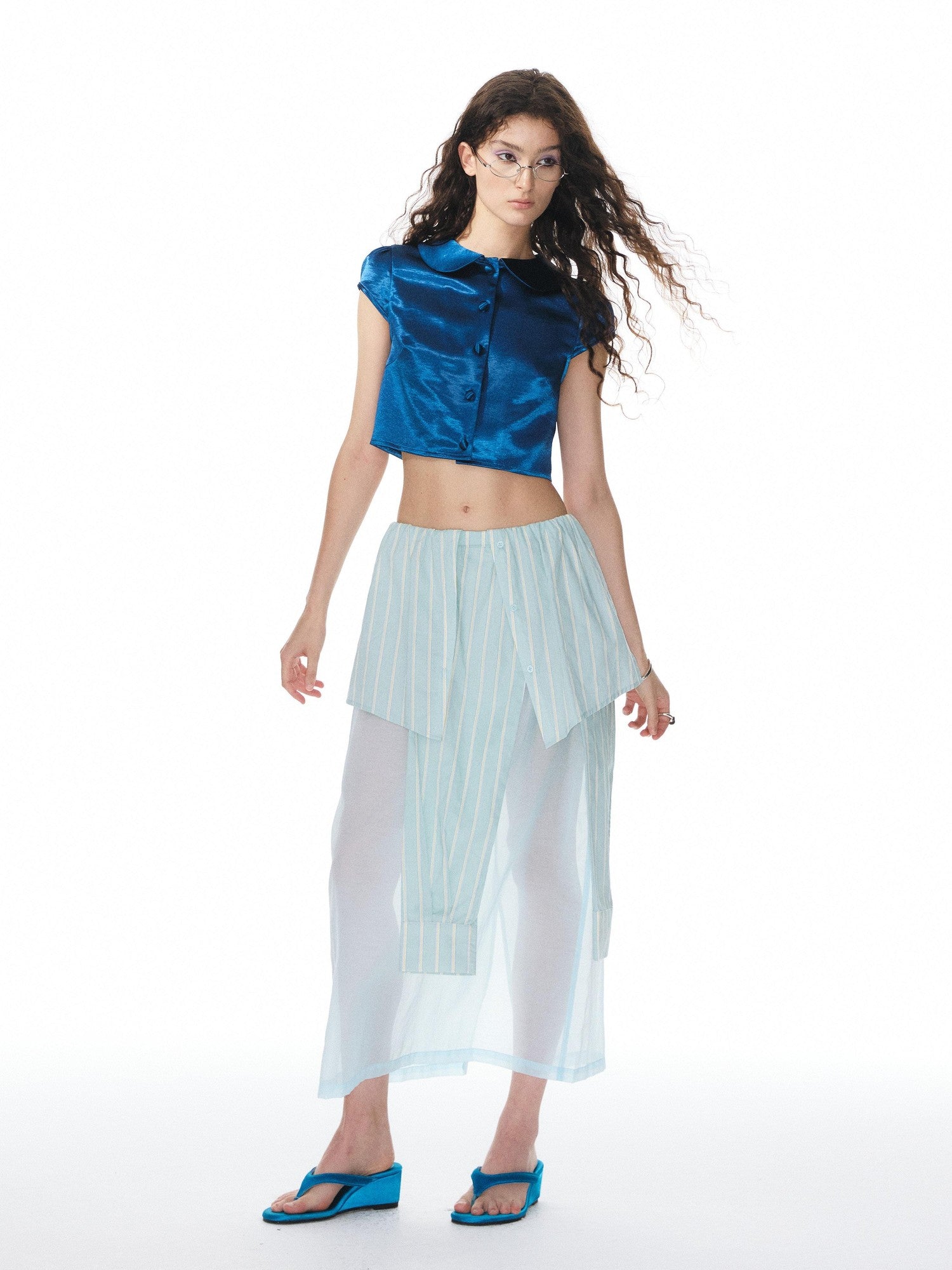 YOSHUYUKI Shiny Cobalt Blue Puff Sleeve Collared Straight Women&