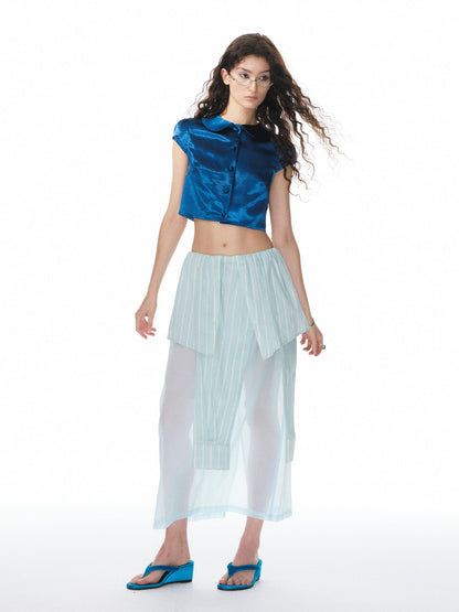 YOSHUYUKI Shiny Cobalt Blue Puff Sleeve Collared Straight Women&