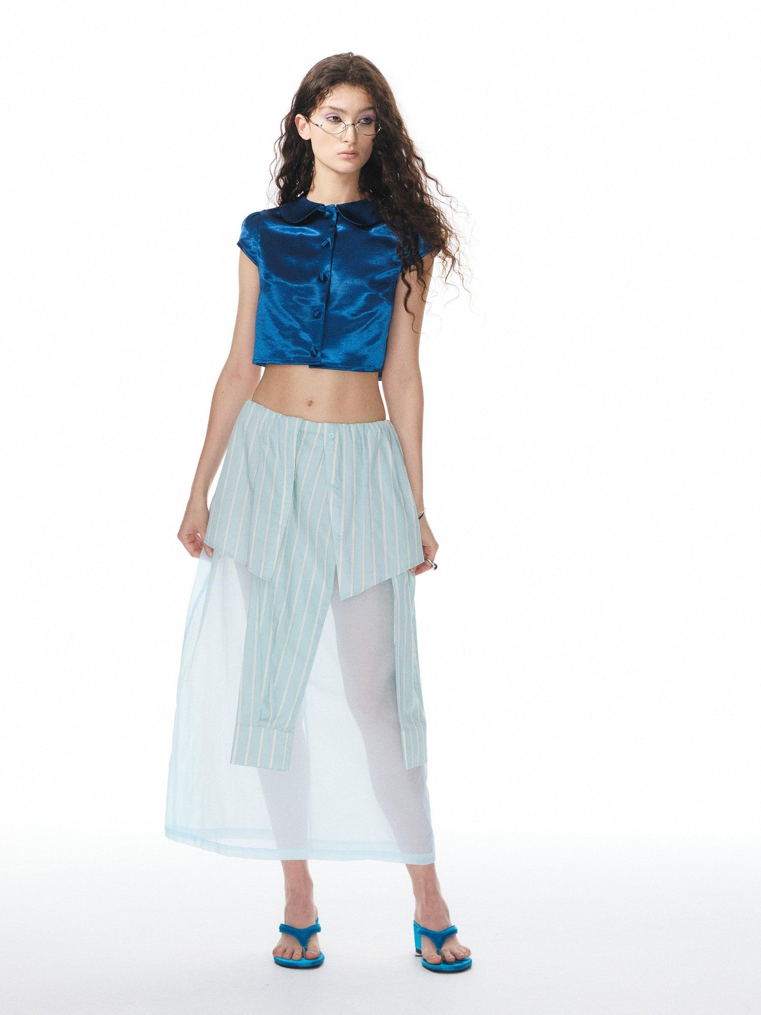YOSHUYUKI Shiny Cobalt Blue Puff Sleeve Collared Straight Women&
