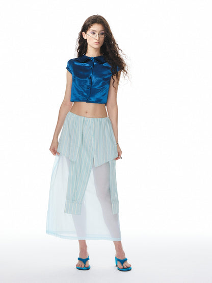YOSHUYUKI Shiny Cobalt Blue Puff Sleeve Collared Straight Women&
