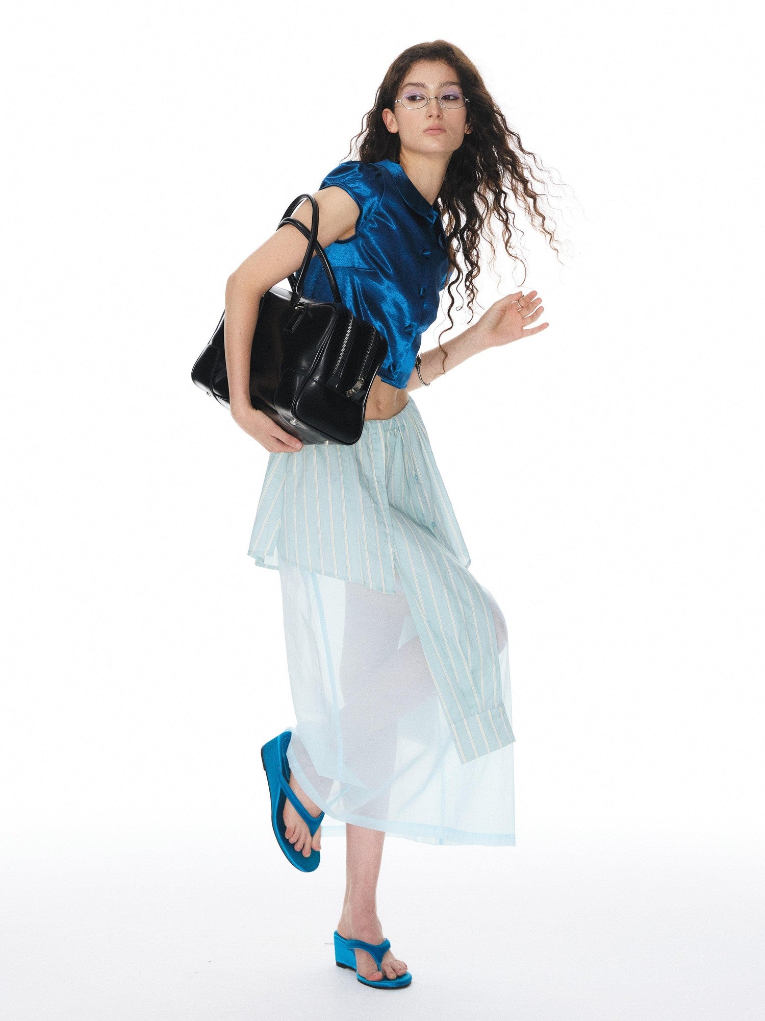 YOSHUYUKI Shiny Cobalt Blue Puff Sleeve Collared Straight Women&