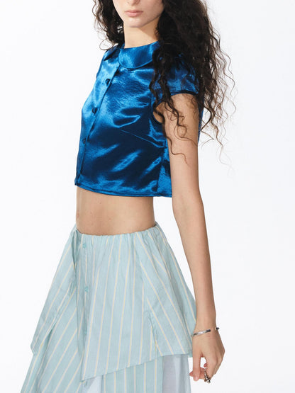YOSHUYUKI Shiny Cobalt Blue Puff Sleeve Collared Straight Women&