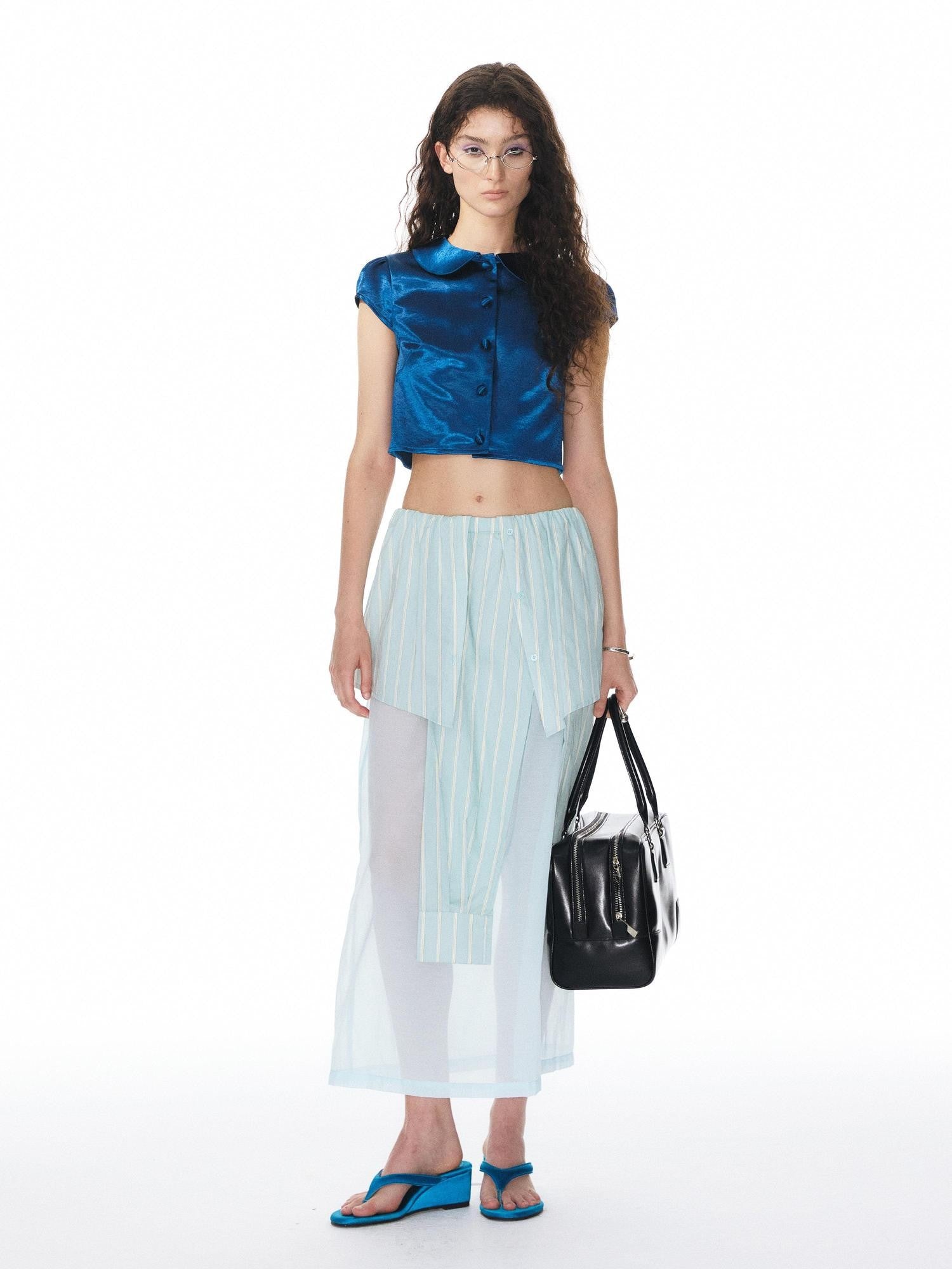 YOSHUYUKI Shiny Cobalt Blue Puff Sleeve Collared Straight Women&
