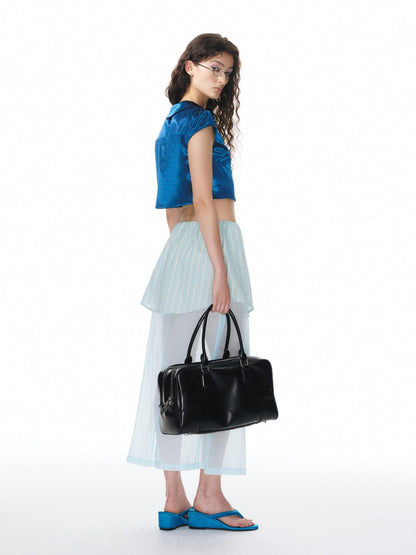 YOSHUYUKI Shiny Cobalt Blue Puff Sleeve Collared Straight Women&