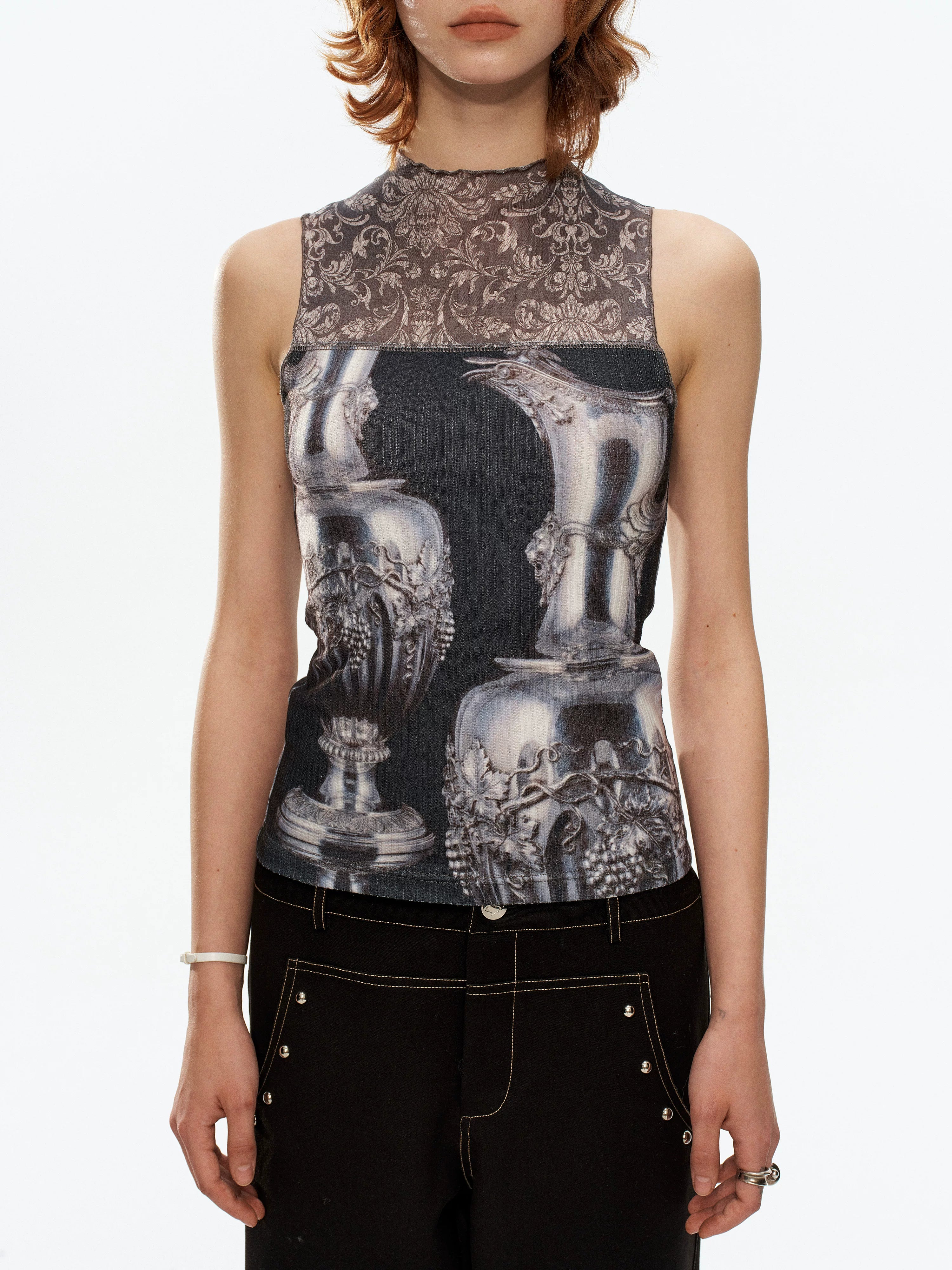 YOSHUYUKI Silver Wine Bottle Print Panel H Silhouette Women&