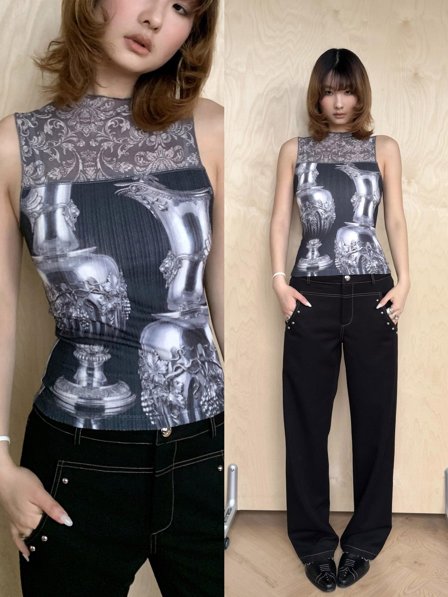 YOSHUYUKI Silver Wine Bottle Print Panel H Silhouette Women&
