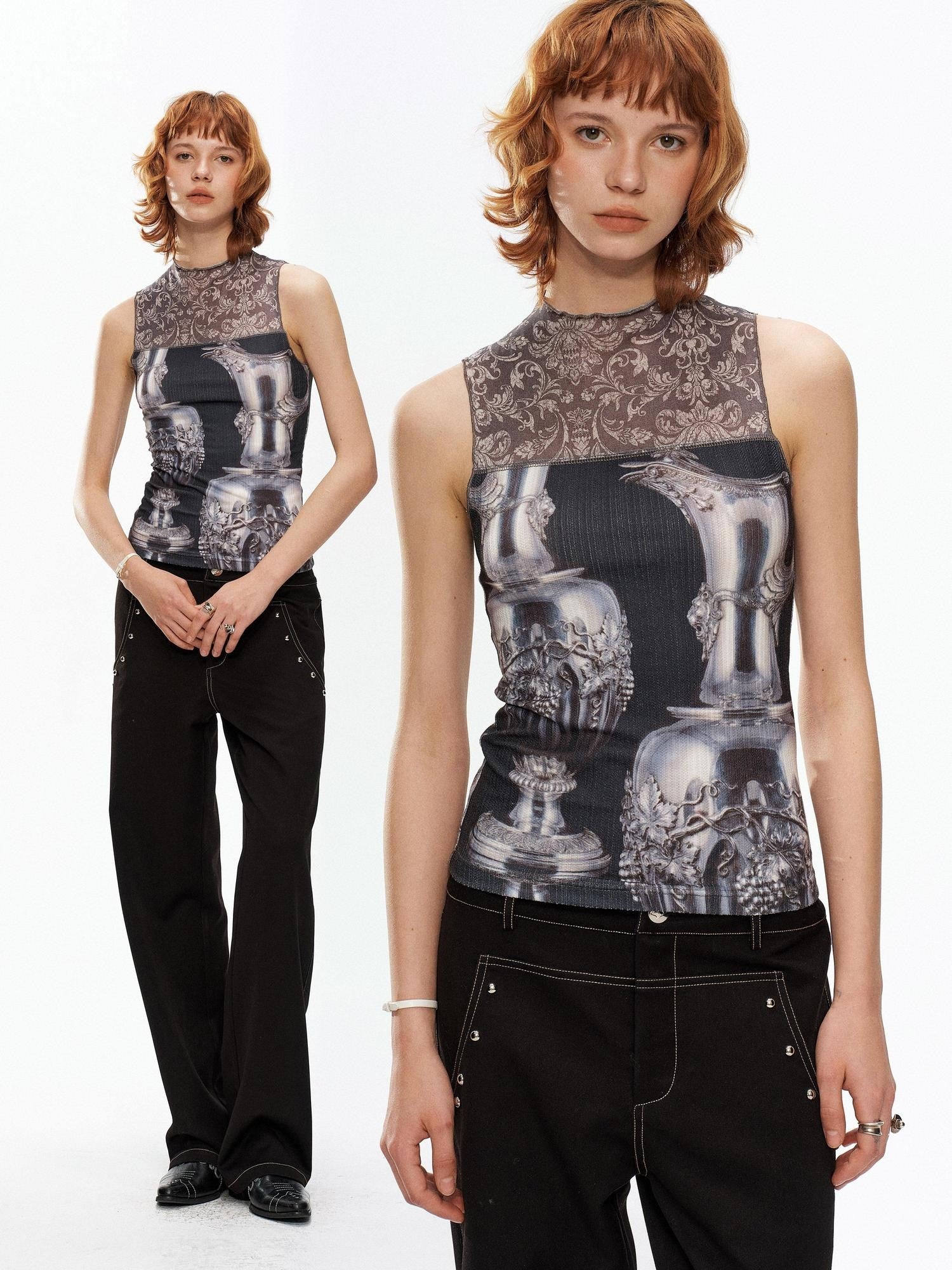 YOSHUYUKI Silver Wine Bottle Print Panel H Silhouette Women&