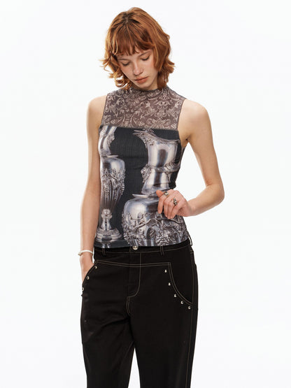 YOSHUYUKI Silver Wine Bottle Print Panel H Silhouette Women&