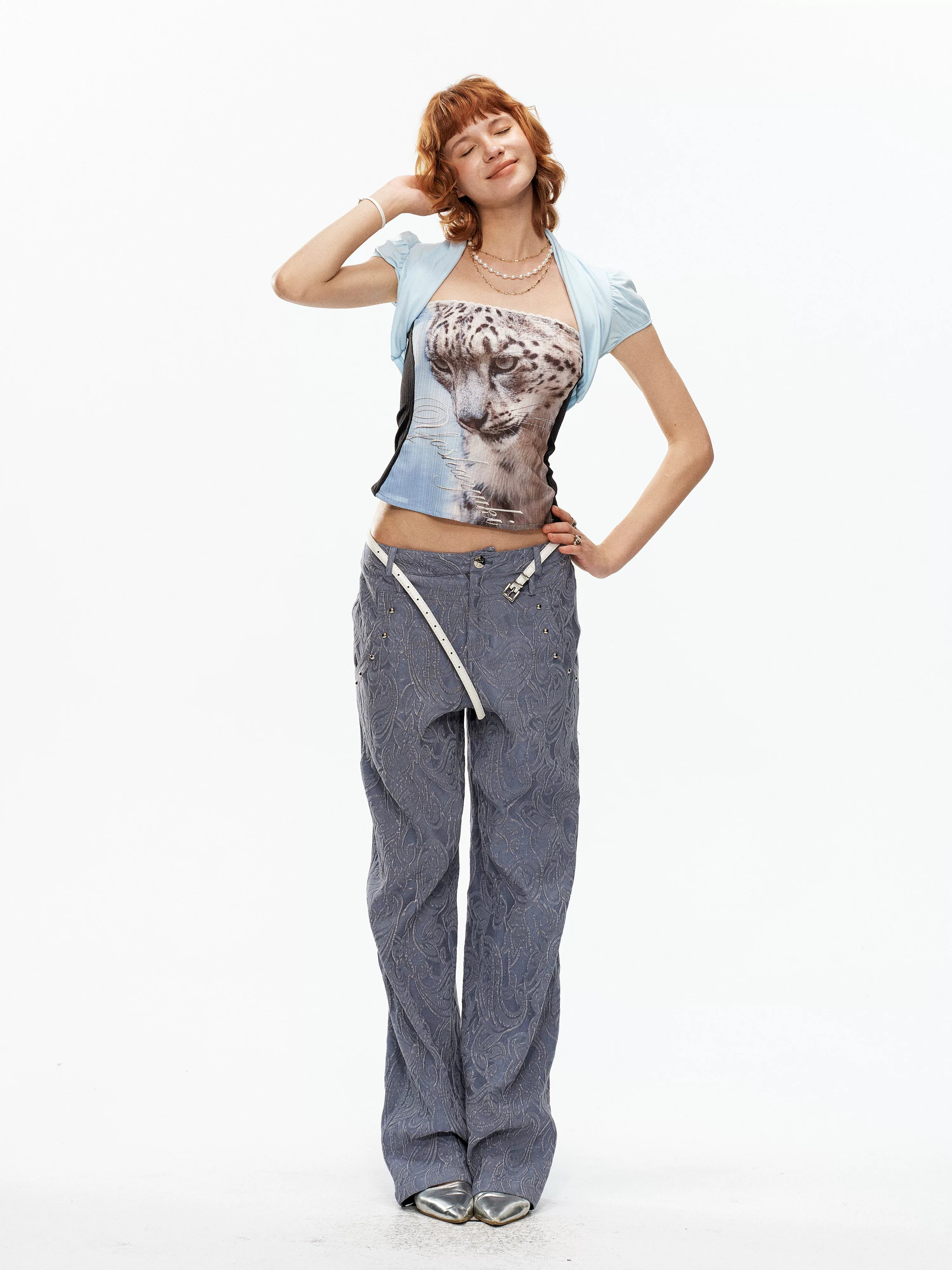 YOSHUYUKI Sky Blue Animal Print Elastic Bandeau Convertible Women&