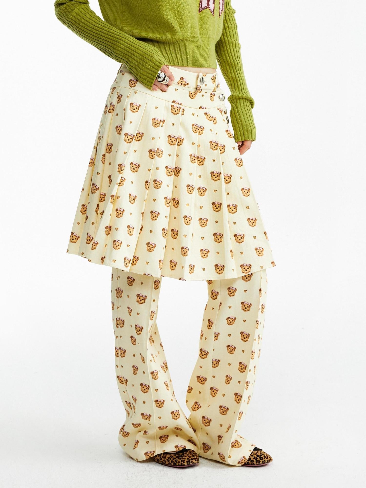 YOSHUYUKI Soft Cotton Lyocell Pleated Natural Waist Girls Bear Print Casual Pants
