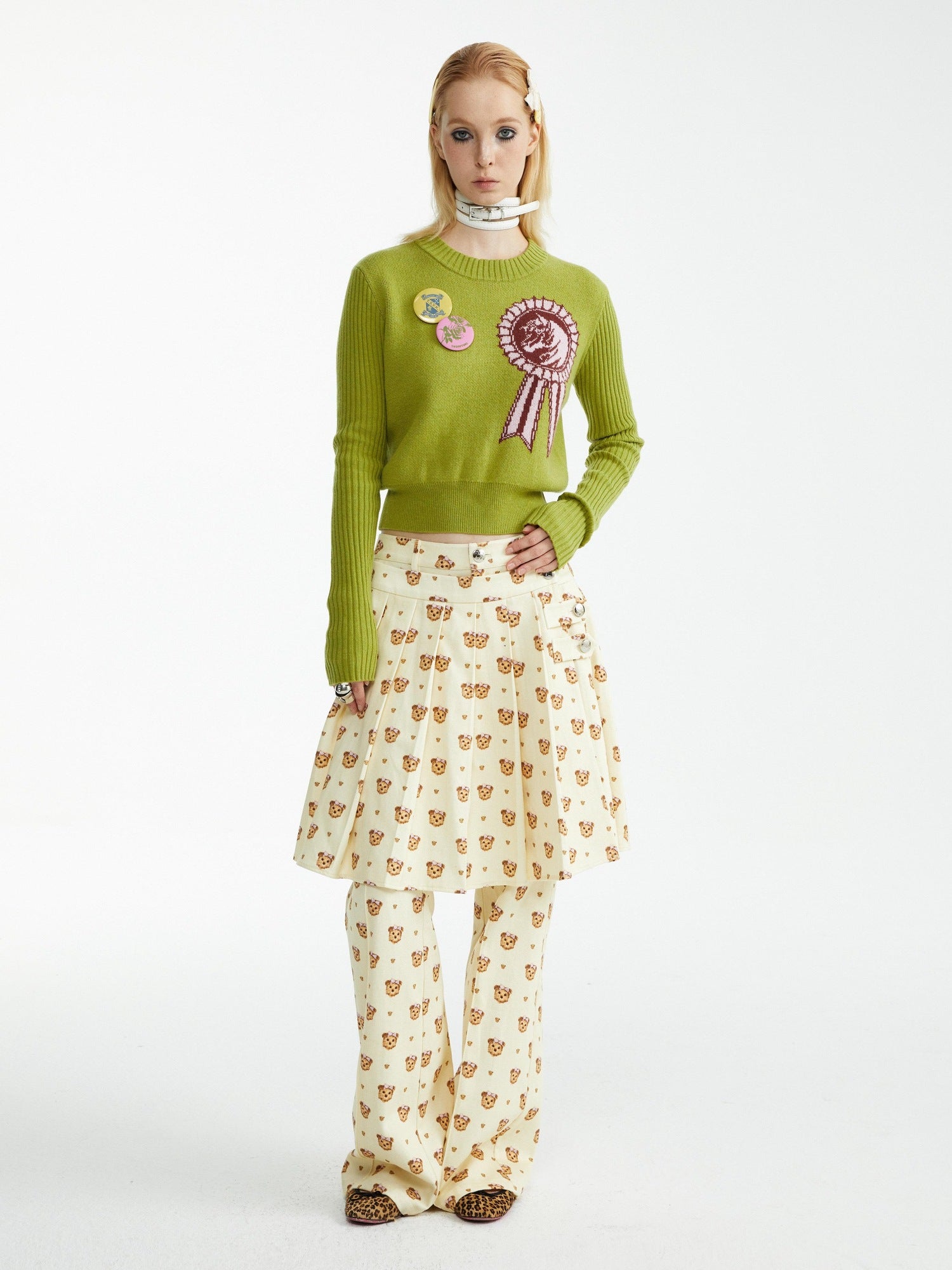 YOSHUYUKI Soft Cotton Lyocell Pleated Natural Waist Girls Bear Print Casual Pants