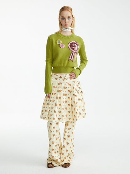 YOSHUYUKI Soft Cotton Lyocell Pleated Natural Waist Girls Bear Print Casual Pants