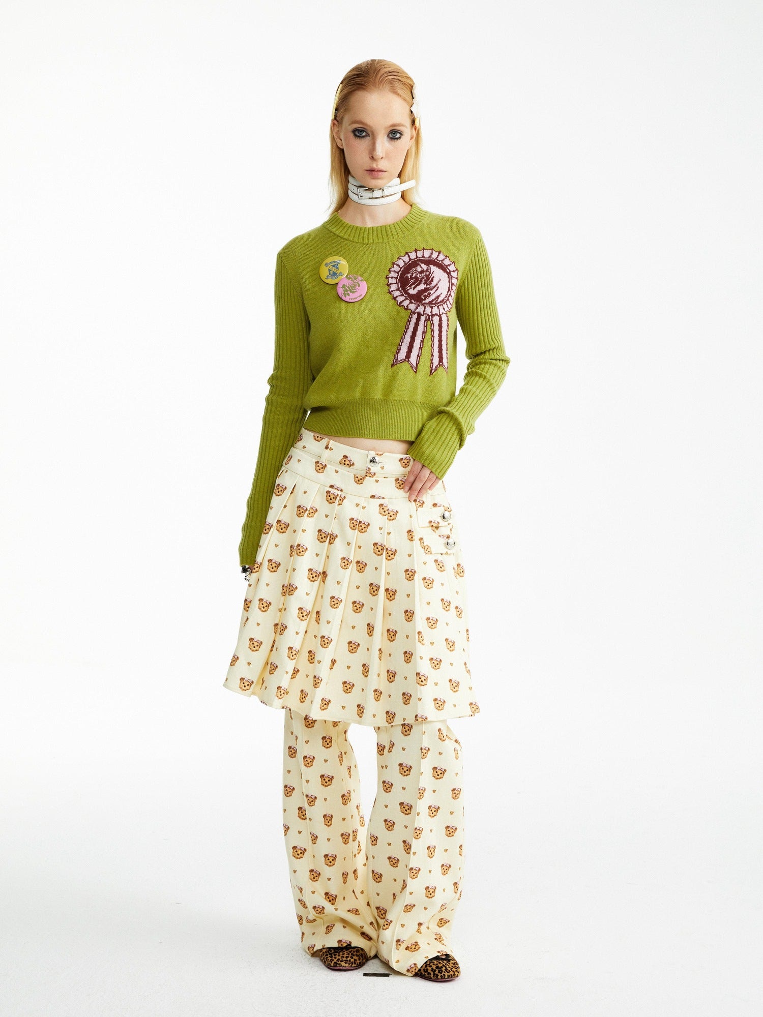 YOSHUYUKI Soft Cotton Lyocell Pleated Natural Waist Girls Bear Print Casual Pants