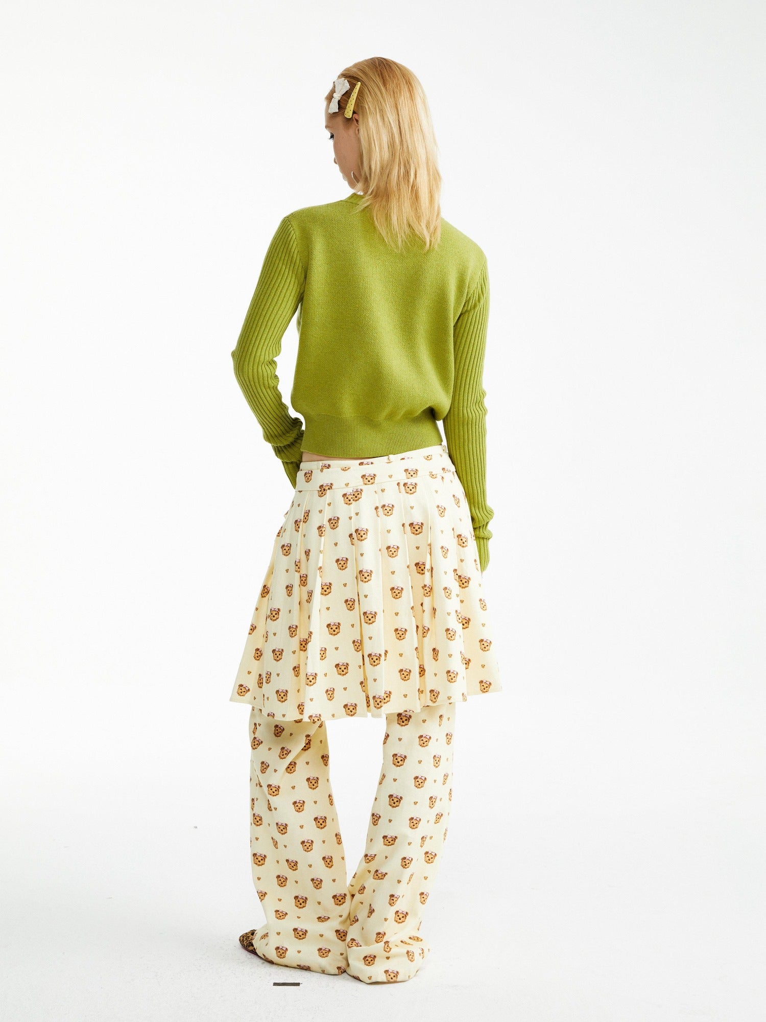 YOSHUYUKI Soft Cotton Lyocell Pleated Natural Waist Girls Bear Print Casual Pants